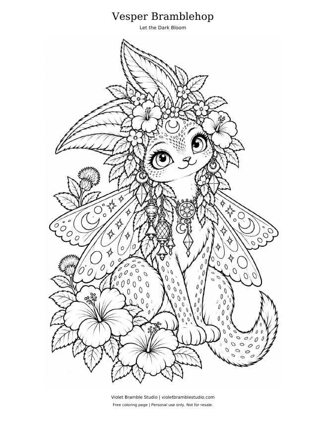 Vesper Bramblehop coloring page with four celestial moth wings, hibiscus flowers and a pointed tail